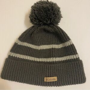 Columbia thick Knit Fleece lined unisex beanie hat gray striped pompom Adult
